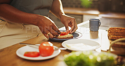 Buy stock photo Hands, home and woman with sandwich, kitchen and healthy meal with food, lunch and ingredients. Bread, apartment and person with nutrition, wellness and diet with tomatoes, hungry and lettuce