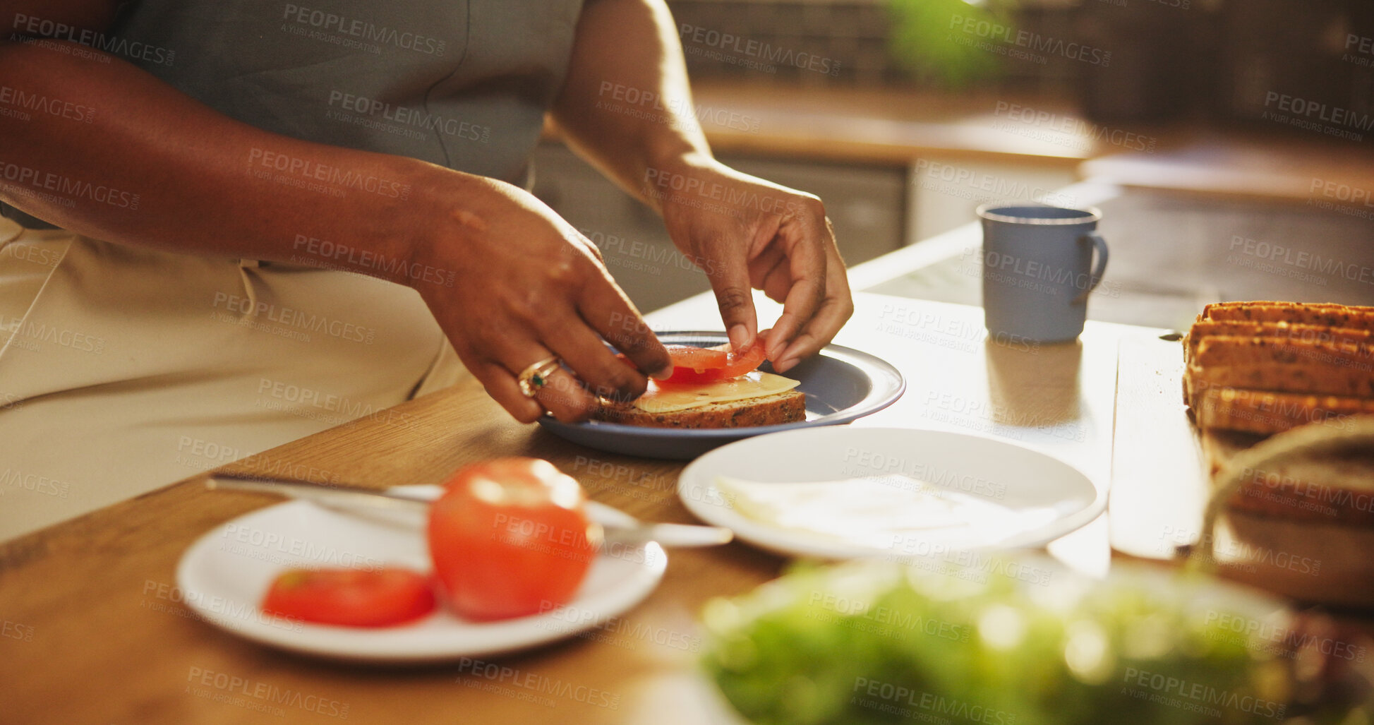 Buy stock photo Hands, home and woman with sandwich, kitchen and healthy meal with food, lunch and ingredients. Bread, apartment and person with nutrition, wellness and diet with tomatoes, hungry and lettuce