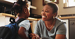 African woman, child and backpack for school, education, morning and support for childhood development. Mother, daughter and excited with smile, care and love in kitchen or home for bonding as family