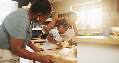 Buy stock photo African women, child and teaching with baking, skills and nutrition as parents in home for education. Mother, kid and learning for youth development, growth and kitchen counter as family in bonding