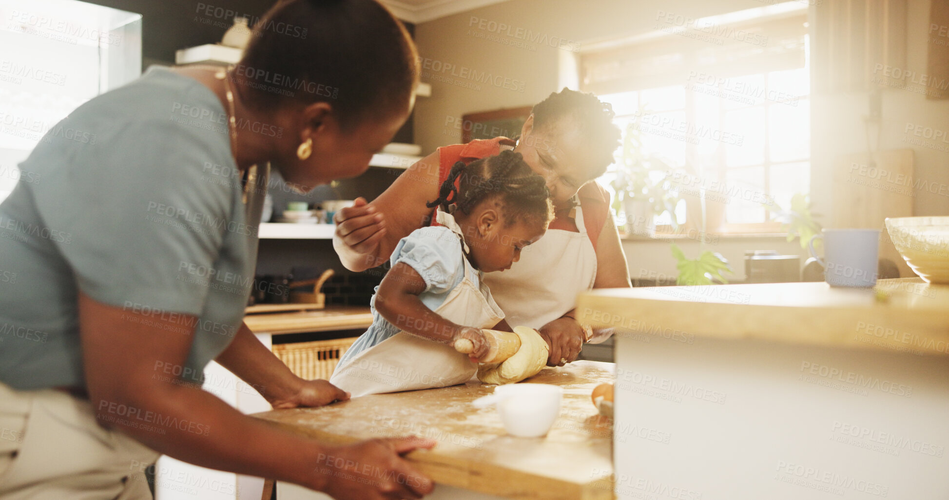 Buy stock photo African women, child and teaching with baking, skills and nutrition as parents in home for education. Mother, kid and learning for youth development, growth and kitchen counter as family in bonding