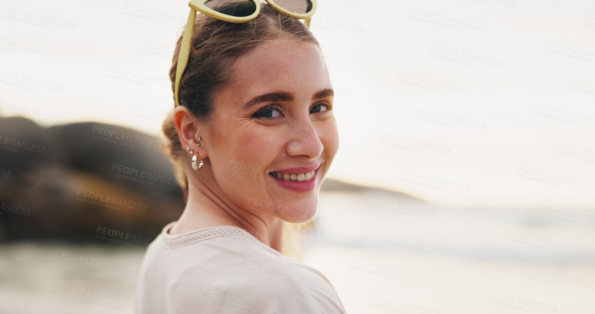 Buy stock photo Girl, portrait and smile at beach to relax, travel and tropical vacation in Maldives with mockup space. Female person, face and happy outdoor by sea for leisure, adventure and sunny holiday with fun