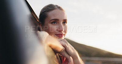 Buy stock photo Car, thinking and road trip for woman, relax and ride of freedom in nature, vacation and travel for holiday. Outdoor, location and fresh air window of vehicle in California, summer and adventure