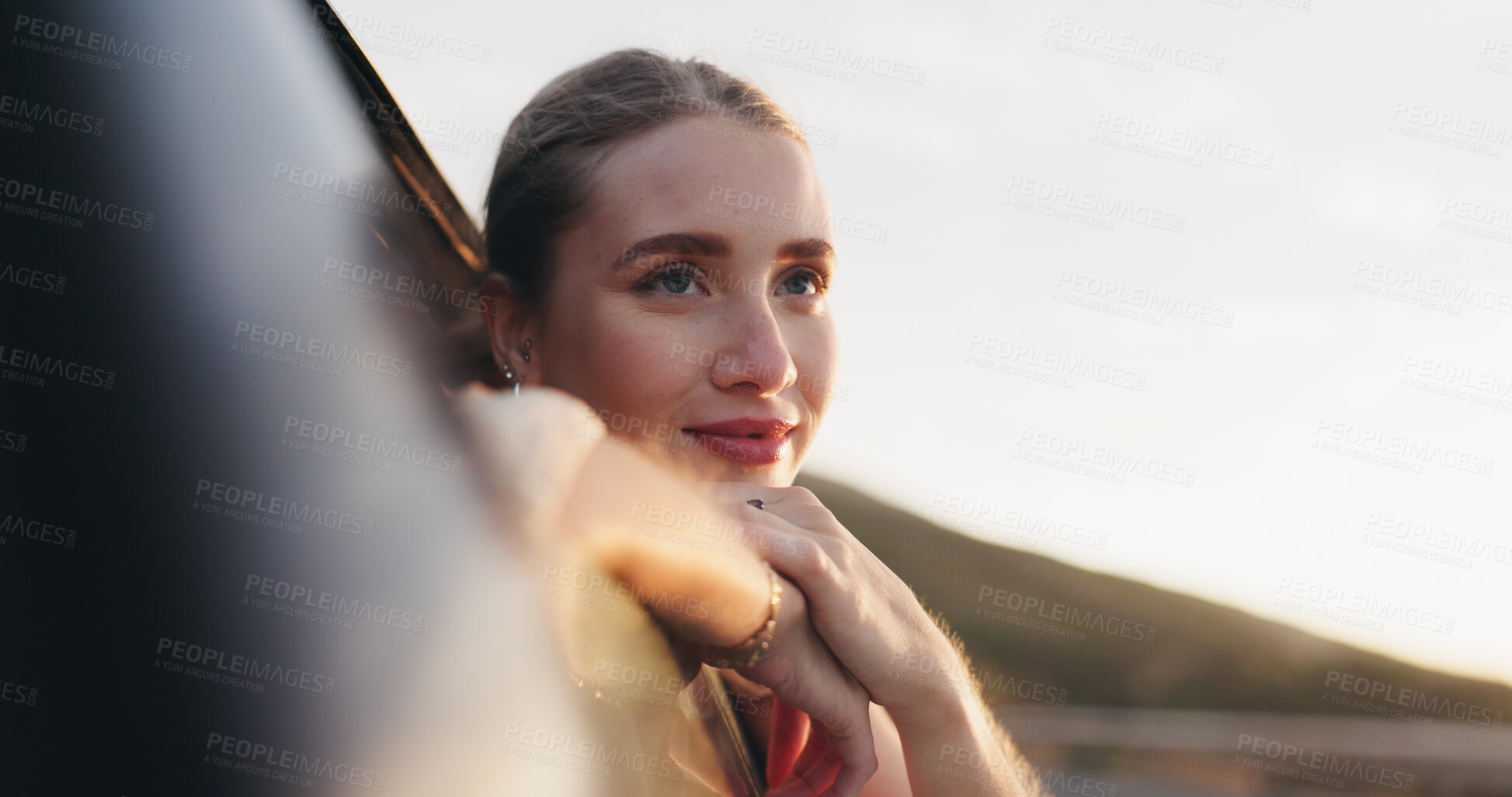 Buy stock photo Car, thinking and road trip for woman, relax and ride of freedom in nature, vacation and travel for holiday. Outdoor, location and fresh air window of vehicle in California, summer and adventure