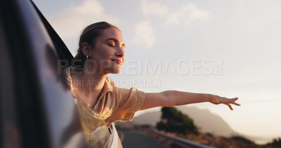 Buy stock photo Car, freedom and road trip for woman, fresh air and thinking of ride in nature, vacation and travel for holiday. Outdoor, location and window of vehicle, relax and California, summer and adventure