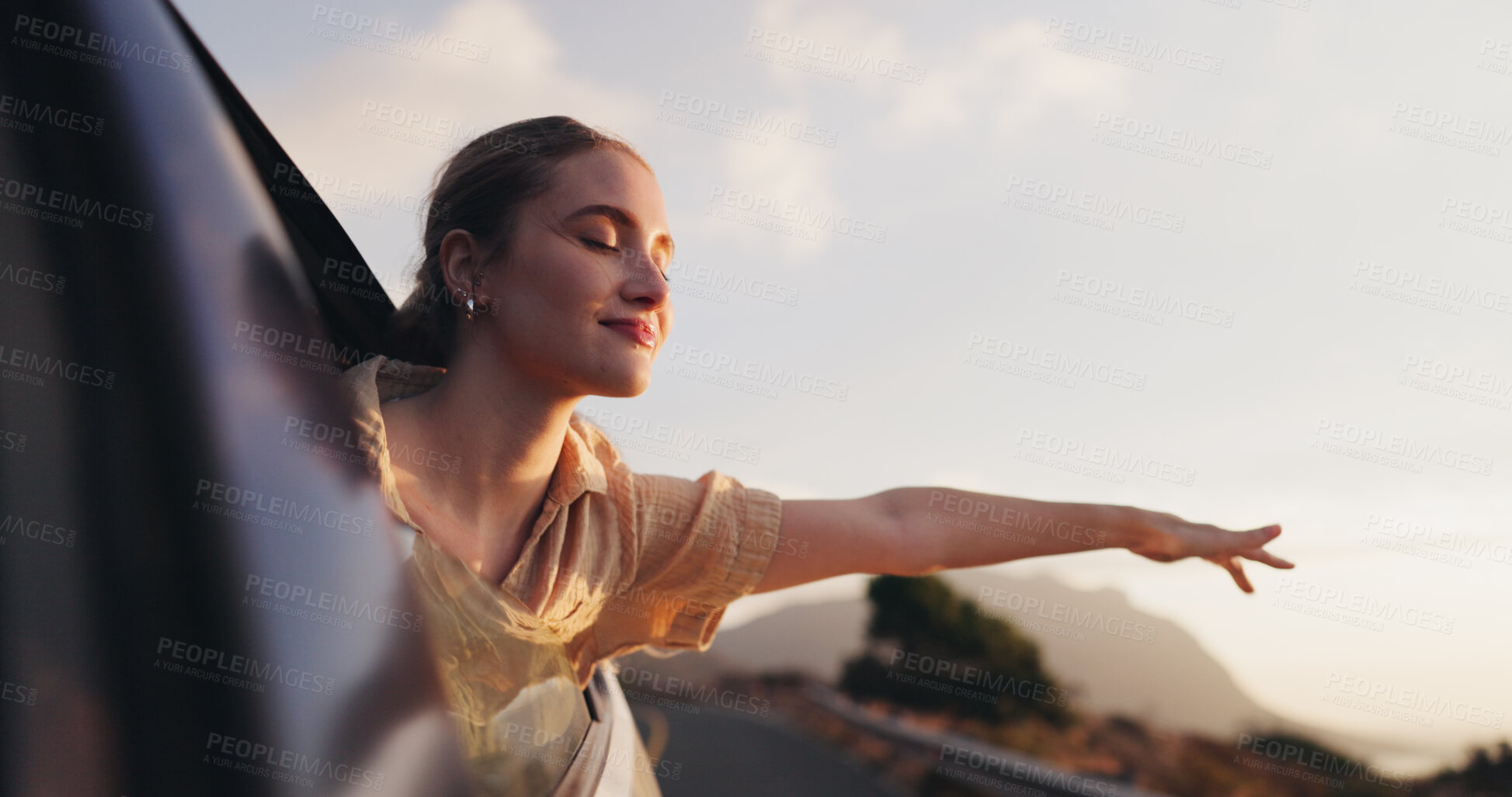 Buy stock photo Car, freedom and road trip for woman, fresh air and thinking of ride in nature, vacation and travel for holiday. Outdoor, location and window of vehicle, relax and California, summer and adventure