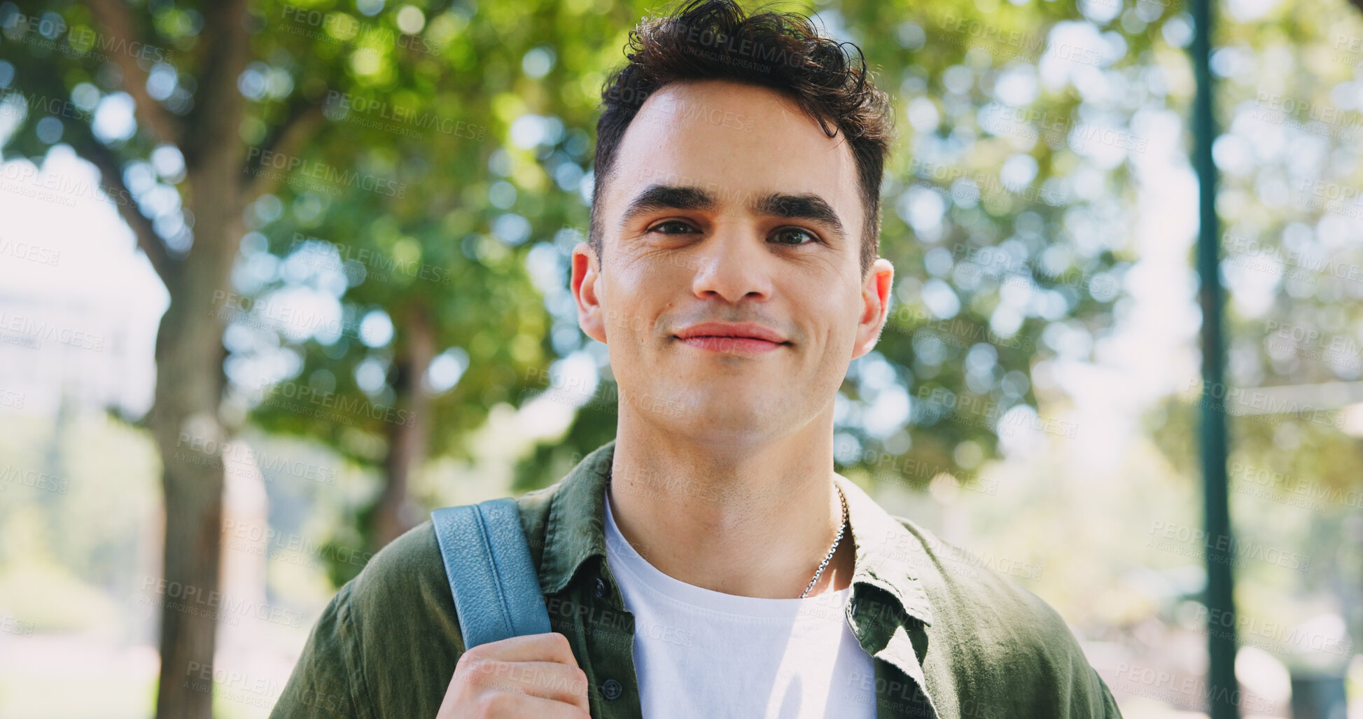 Buy stock photo Happy, man and student with portrait on campus of university for study of degree in business administration. Education, scholarship and male learner with confidence for skill development or growth.