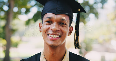 Buy stock photo Portrait, happy man or college graduation in park on campus in university for studying achievement. Student, degree goal or face of graduate in nature with pride for school, education and scholarship