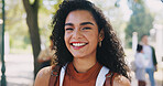 Happy, girl and student with portrait on campus of university for study of degree in business administration. Education, scholarship and female learner with smile for skill development or growth.