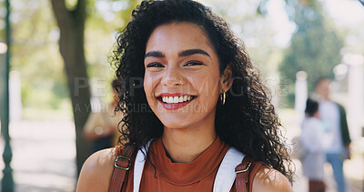 Buy stock photo Happy, girl and student with portrait on campus of university for study of degree in english literature. Education, scholarship and female learner with smile for skill development and growth.