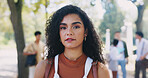 Portrait,  woman or serious student on outdoor campus in university for opportunity or study in college park. Face, break or confident girl in nature with pride for school, education or scholarship