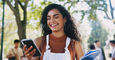 Buy stock photo Campus, park or happy woman with phone in university for learning application or higher education. Social media text, smile or student on internet for academic registration or scholarship results