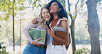 Happy, support or women hug in park, garden or school campus for bonding, acceptance or community. Smile, friends or proud college students with textbooks in embrace, higher education or university