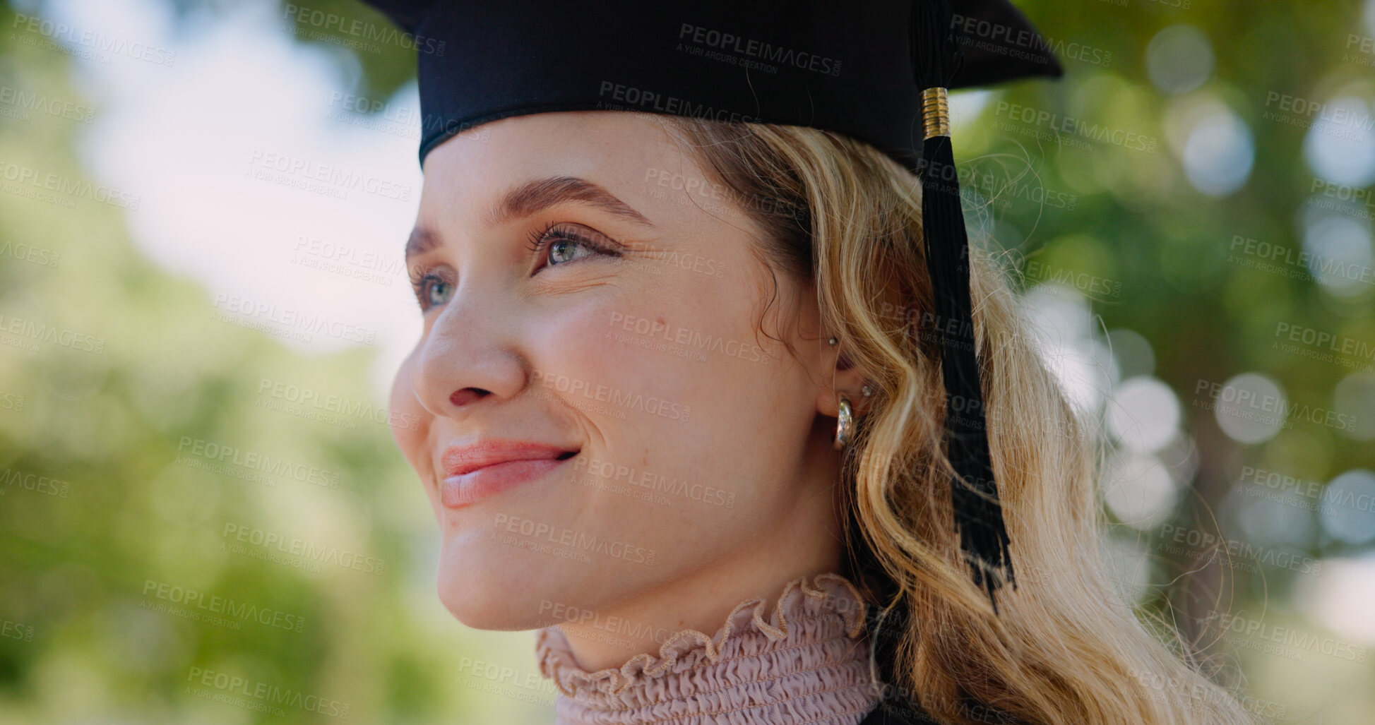 Buy stock photo Woman, graduation and student with celebration, outdoor and ceremony for degree, university and success. Event, person and girl with achievement, academic goals and college with scholarship and smile