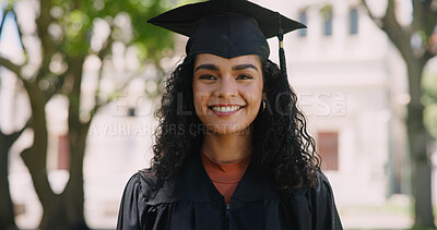 Buy stock photo Education, girl and portrait outdoor at graduation for qualification, university success and ceremony. Graduate, student and happy with diploma, scholarship award and academic achievement on campus