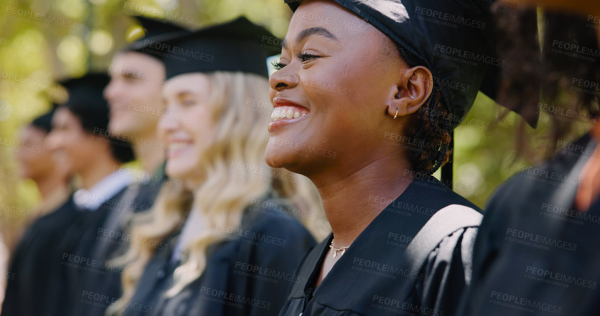 Buy stock photo Graduation, group of people and education with achievement, success and diversity in university. Students happiness and milestone for celebration, diploma or degree for career at ceremony in college