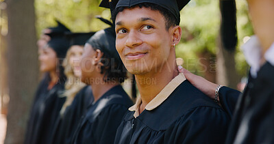 Buy stock photo Graduation, students and education with achievement, success and diversity in university or college. Male person, happy and milestone for celebration, diploma or degree for career at award ceremony