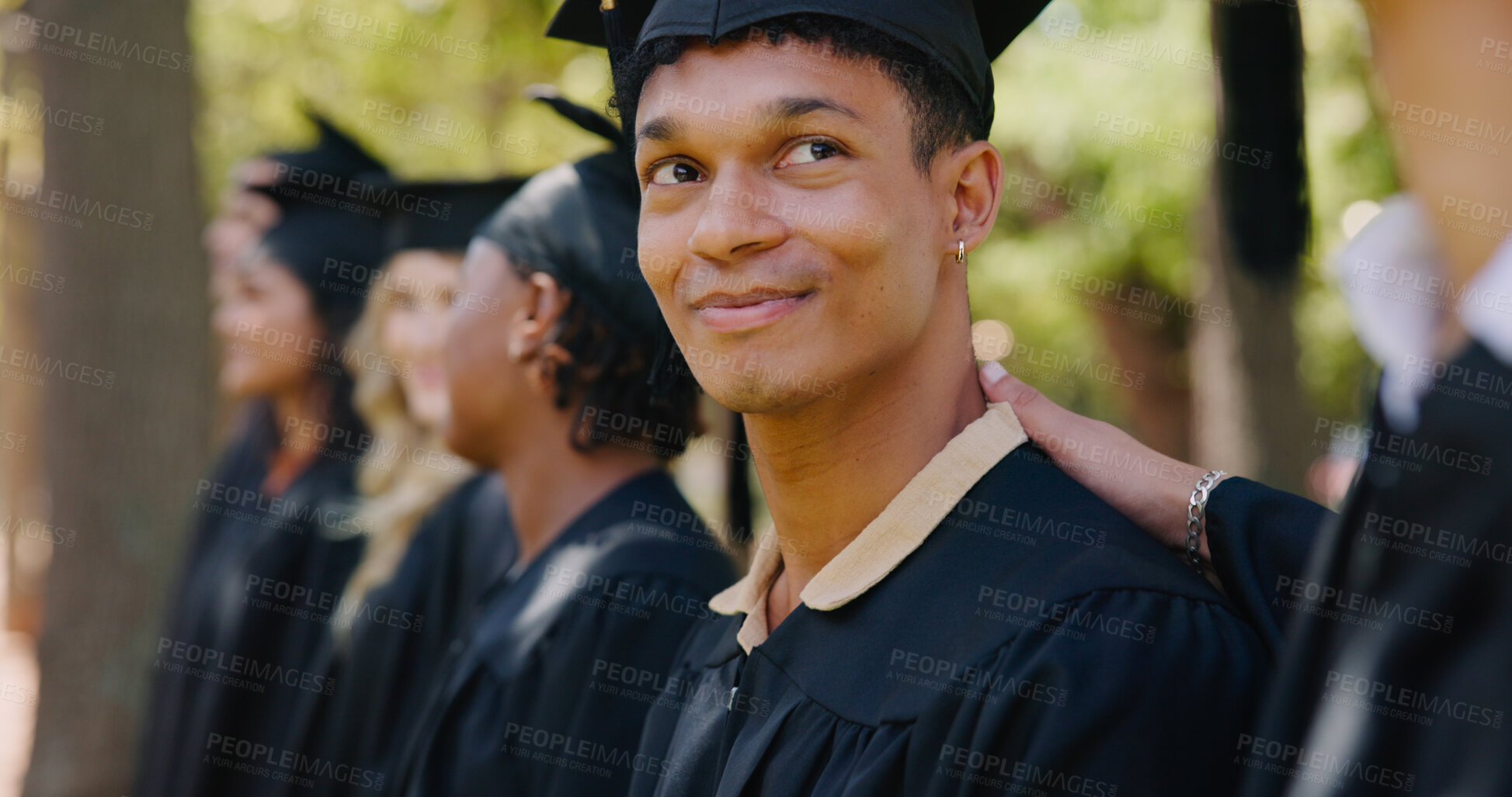 Buy stock photo Graduation, students and education with achievement, success and diversity in university or college. Male person, happy and milestone for celebration, diploma or degree for career at award ceremony