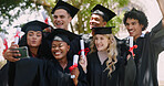 Graduation, students and happy selfie with diploma at outdoor ceremony for social media post or profile picture. Education, diversity friends and group with certificate for celebration and milestone