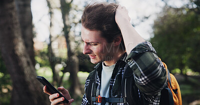 Buy stock photo Man, confused and phone for hiking outdoor with trekking mistake, navigation app and anxiety or poor signal service. Stress, male person and mobile for travel map, location error and reception glitch