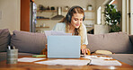 Laptop, woman and headphones with document at house for financial planning, review budget and streaming music. Girl, relax and digital with paperwork for mortgage payment, application and bank report