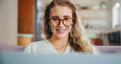 Buy stock photo Student, girl and laptop for education at house with online learning, project research and studying for test. Woman, glasses and digital for university email, assessment report and reading feedback