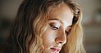 Frustrated woman, face and stress with regret for bad news, abuse or tough time at home. Closeup of disappointed or young female person in depression or neglect from mistake, fail or issues at house