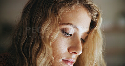 Buy stock photo Frustrated woman, face and stress with regret for bad news, abuse or tough time at home. Closeup of disappointed or young female person in depression or neglect from mistake, fail or issues at house