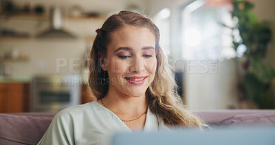 Buy stock photo Student, woman and laptop for education at house with online learning, project research and studying for test. Girl, digital and reading university email, assessment report and knowledge development