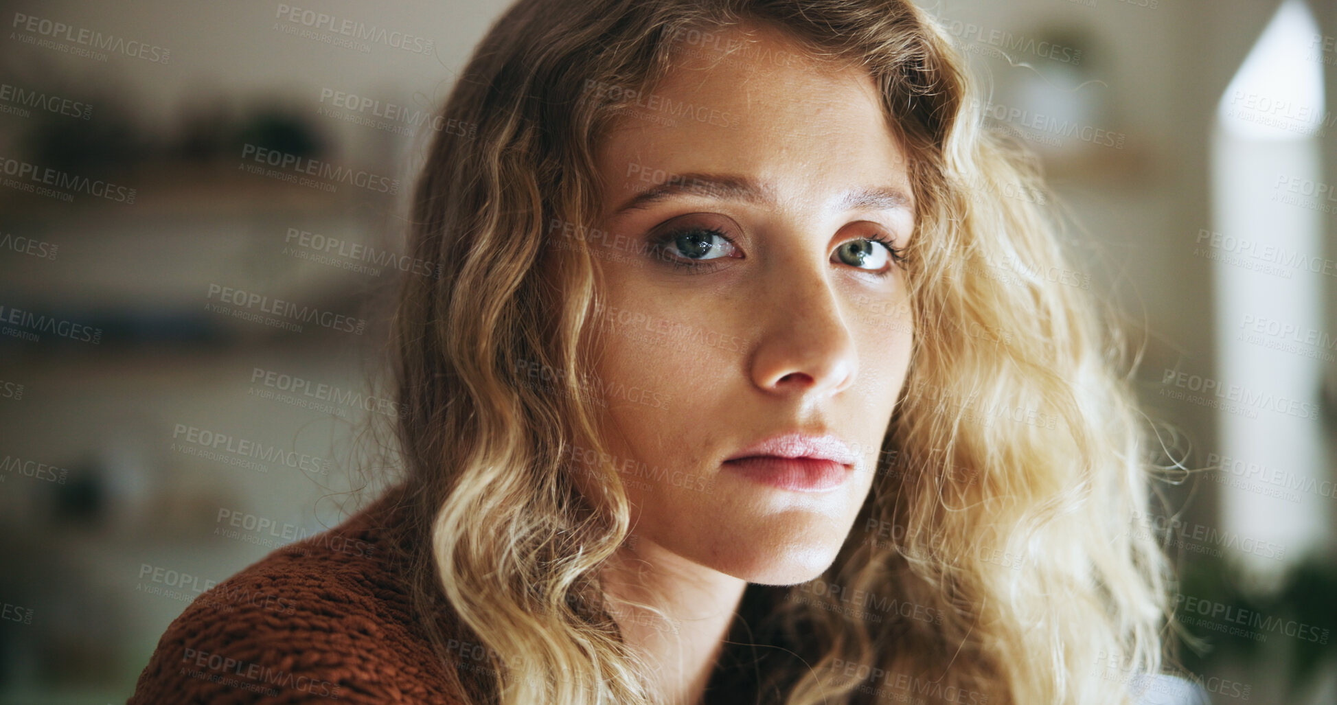 Buy stock photo Sad, woman and portrait with depression in home for flashback, grief and burnout in dissociation. Mental health, lonely and face of person with fatigue of psychological trauma, ptsd and anxiety