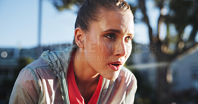 Buy stock photo City, tired and rest of woman for fitness, exercise and break after running in marathon challenge. Outdoor, female person or runner with fatigue from workout, wellness and thinking of goal in nature