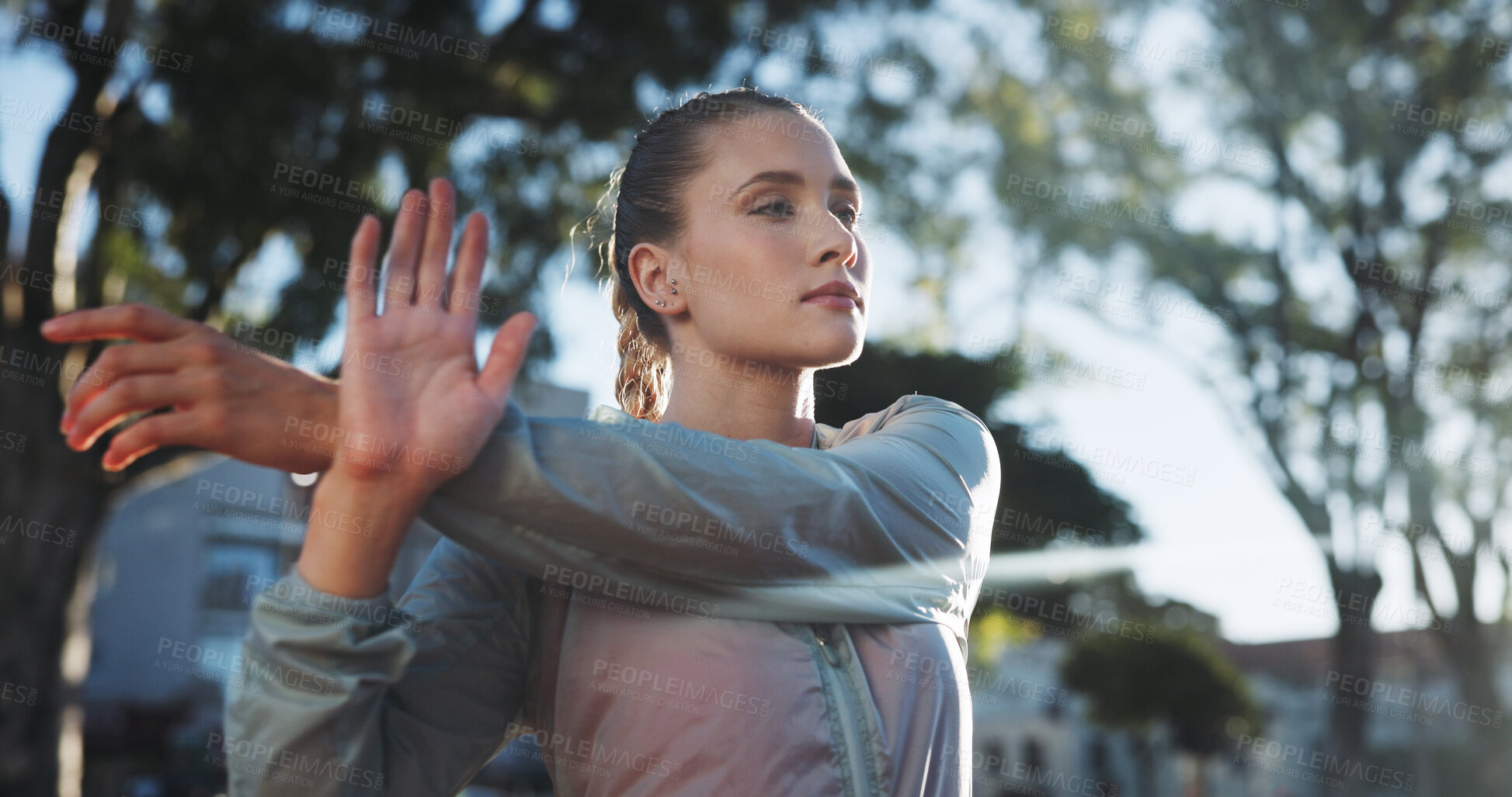 Buy stock photo Fitness, woman or stretching arms in park with getting ready for workout, training or morning yoga. Athlete, person or warm up exercise in nature for cardio, wellness or preparing for pilates outdoor