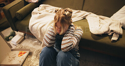 Buy stock photo Woman, thinking and stress on floor in home with depression, unemployment and disappointed in living room. Girl, frustrated and hopeless with anxiety, jobless and overwhelmed with failure on top view