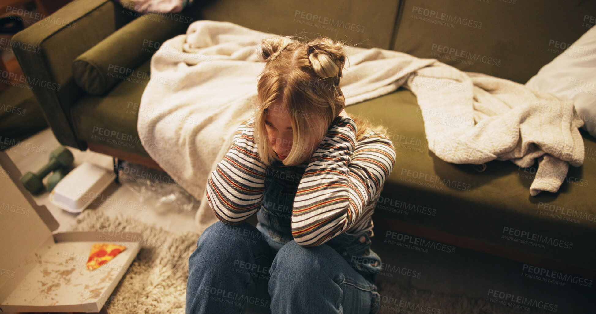 Buy stock photo Woman, thinking and stress on floor in home with depression, unemployment and disappointed in living room. Girl, frustrated and hopeless with anxiety, jobless and overwhelmed with failure on top view