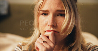 Buy stock photo Stress, woman and sad with thinking in home for unemployment, depression and disappointed in living room. Person, frustrated and hopeless with anxiety, jobless and overwhelmed with failure in lounge