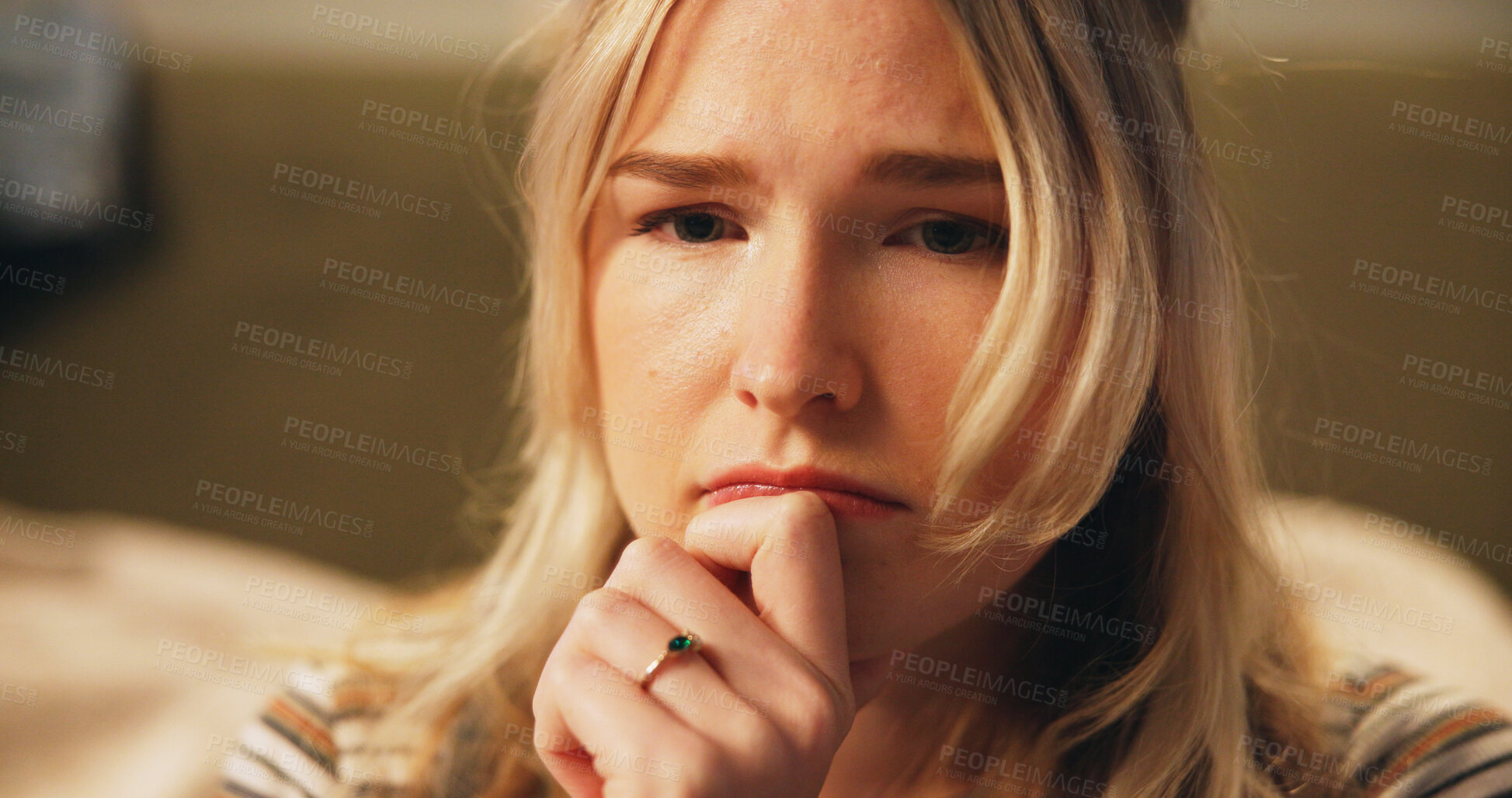 Buy stock photo Stress, woman and sad with thinking in home for unemployment, depression and disappointed in living room. Person, frustrated and hopeless with anxiety, jobless and overwhelmed with failure in lounge