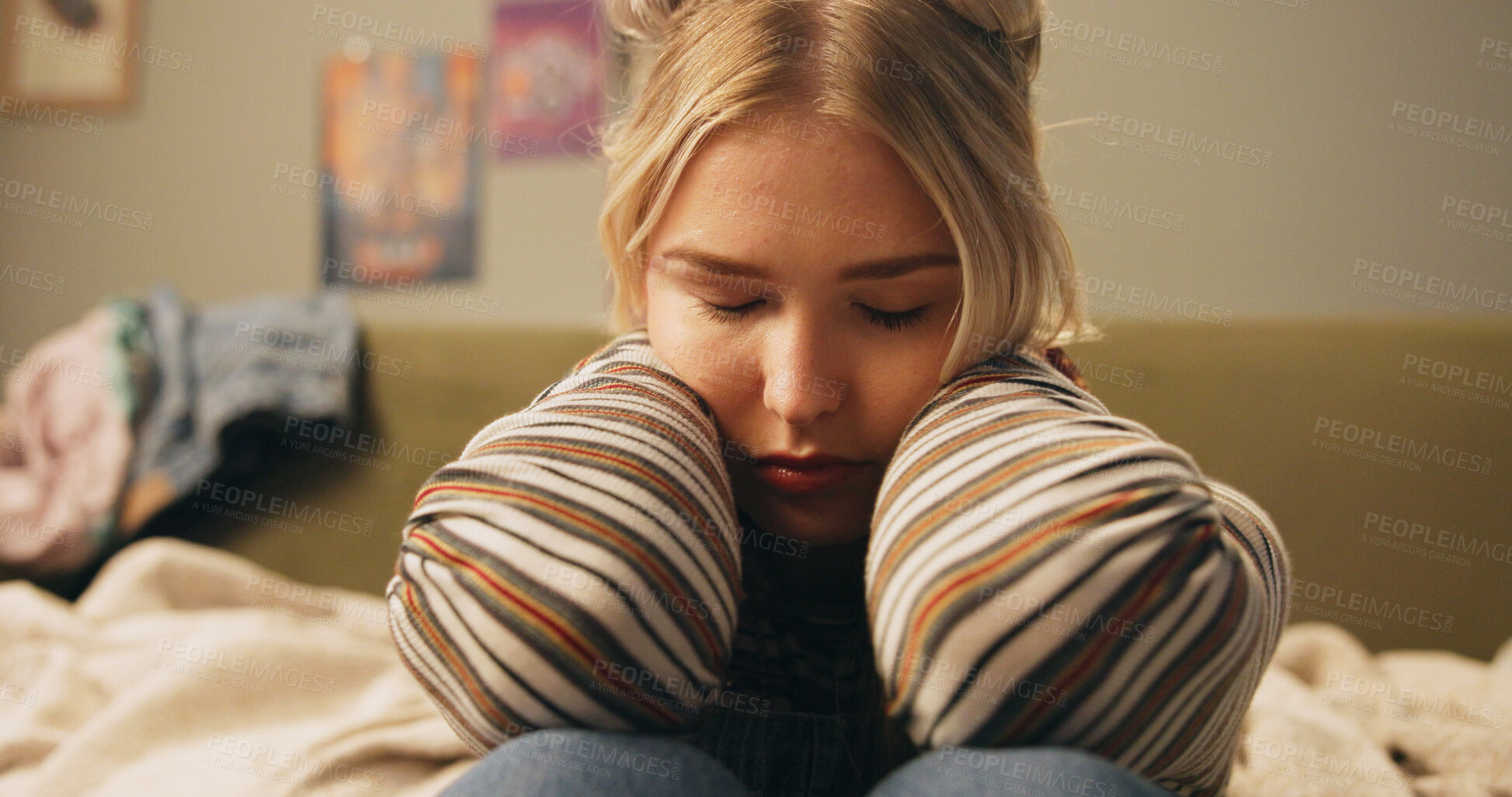 Buy stock photo Girl, thinking and sad on floor in home with depression, unemployment and disappointed in living room. Bored woman, frustrated and hopeless with stress, jobless and overwhelmed with failure in lounge