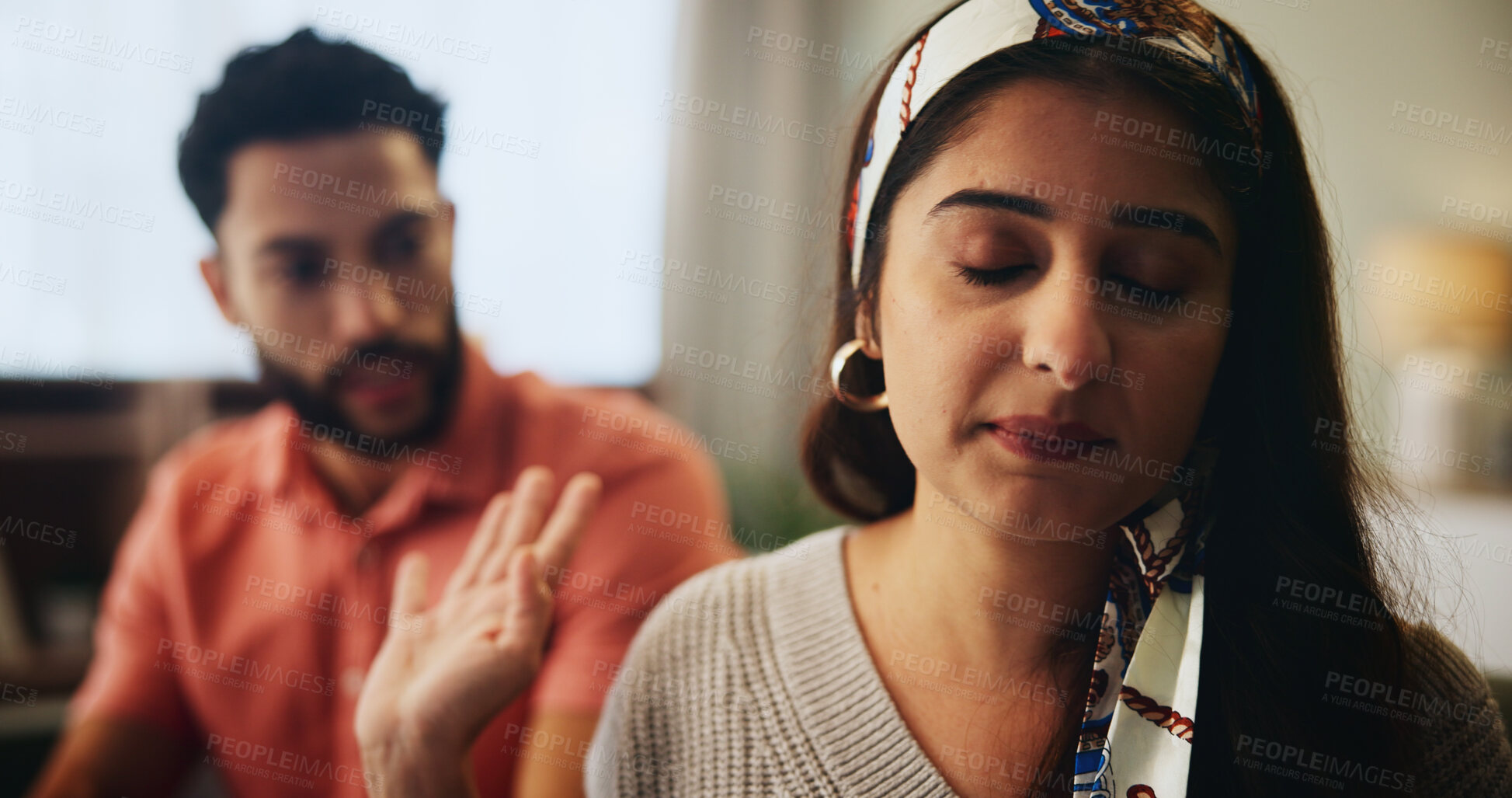 Buy stock photo Couple, living room and frustrated with anxiety, stress and drama at home or apartment. Dispute, woman and man with argument, angry and fight with toxic marriage and mistake or crisis with partner