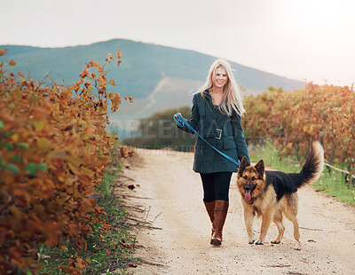 Buy stock photo Portrait of a pretty young woman walking her Alsatian in a vineyard