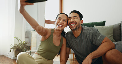 Buy stock photo Excited couple, fitness and selfie with memory for workout, exercise or indoor training together at home. Happy man or young woman with smile for photography, picture or moment in health and wellness