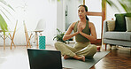 Laptop, pilates and woman with meditation in house living room for yoga training, online class or breathing. Lotus, zen person and calm yogi relax for mental health, chakra balance or internet guide