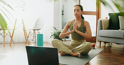 Buy stock photo Laptop, pilates and woman with meditation in house living room for yoga training, online class or breathing. Lotus, zen person and calm yogi relax for mental health, chakra balance or internet guide