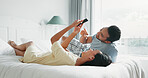 Couple, people and selfie on bed in home for profile picture update, social media post and memory. Content creation, photography and bonding in bedroom with laughing, live streaming and relationship