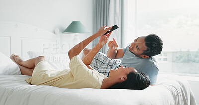 Buy stock photo Couple, people and selfie on bed in home for profile picture update, social media post and memory. Content creation, photography and bonding in bedroom with laughing, live streaming and relationship