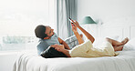 Couple, happy and selfie on bed in bedroom for profile picture update, social media post and memory. People, photography and bonding in home with laughing, live streaming or relationship in apartment