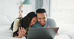 Bedroom, home and couple with laptop, hug and conversation with love, romance and dating. Apartment, embrace and man with woman, computer and connection with marriage, watching film and relationship