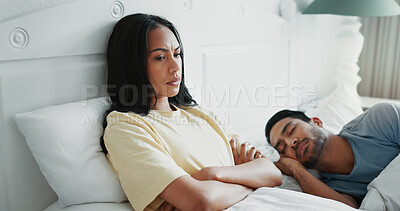 Buy stock photo Angry, sleeping and couple in bed at house with divorce for infidelity, cheating or affair. Upset, rest and woman with insomnia for argument with boyfriend for toxic relationship in bedroom at home.