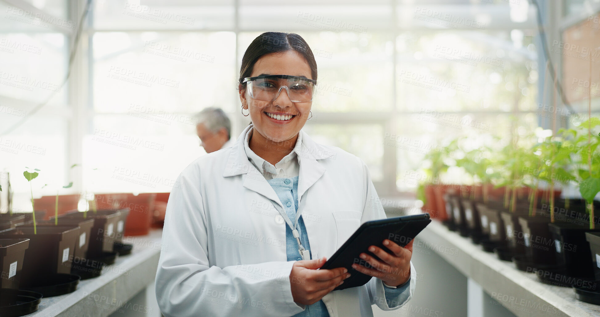 Buy stock photo Woman, portrait and science with tablet in greenhouse for climate change, research and ecology. Scientist, innovation and happy person with tech by plants for biochemistry, development and ecosystem