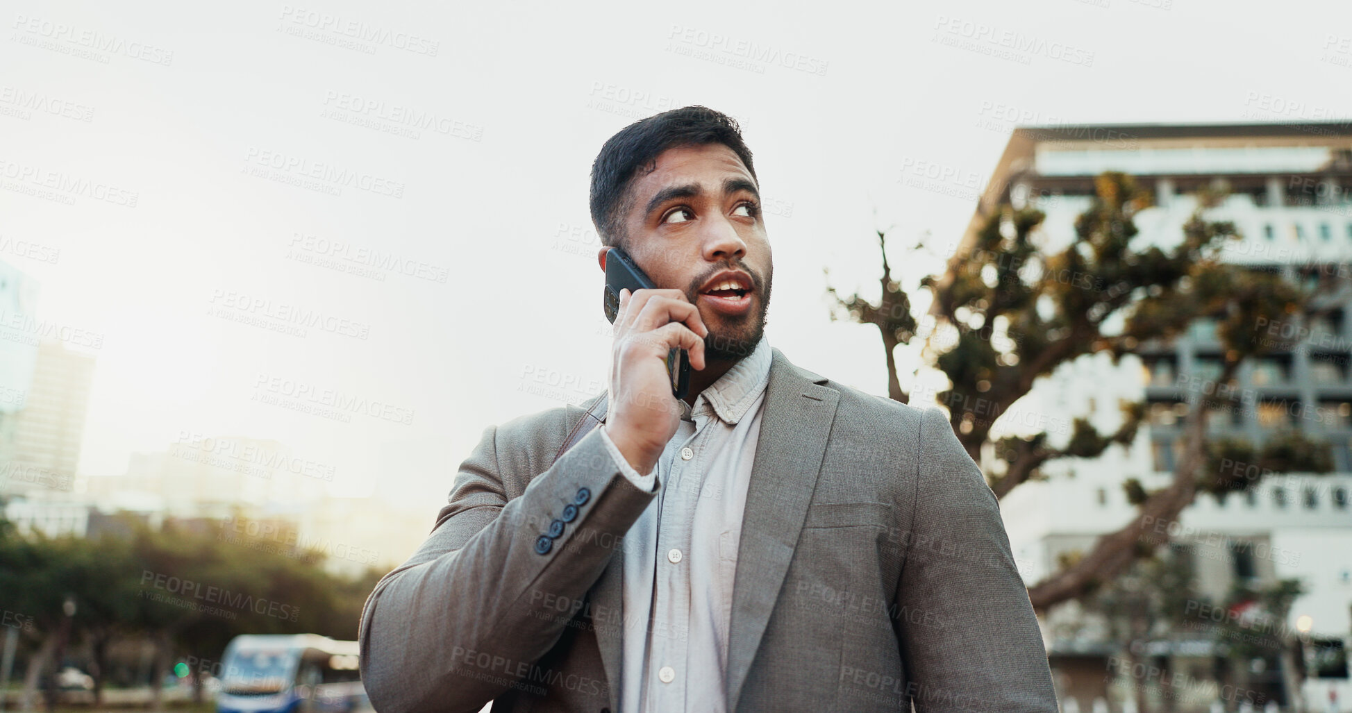 Buy stock photo Business, man and talking with phone call in city for company consultation, networking or discussion. Professional, employee and smartphone in town for communication or conversation on sidewalk space