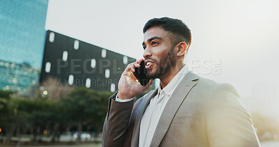 Buy stock photo Business, man and smile with phone call in city for company consultation, networking or good news. Professional, employee and smartphone in urban town for communication and conversation on sidewalk